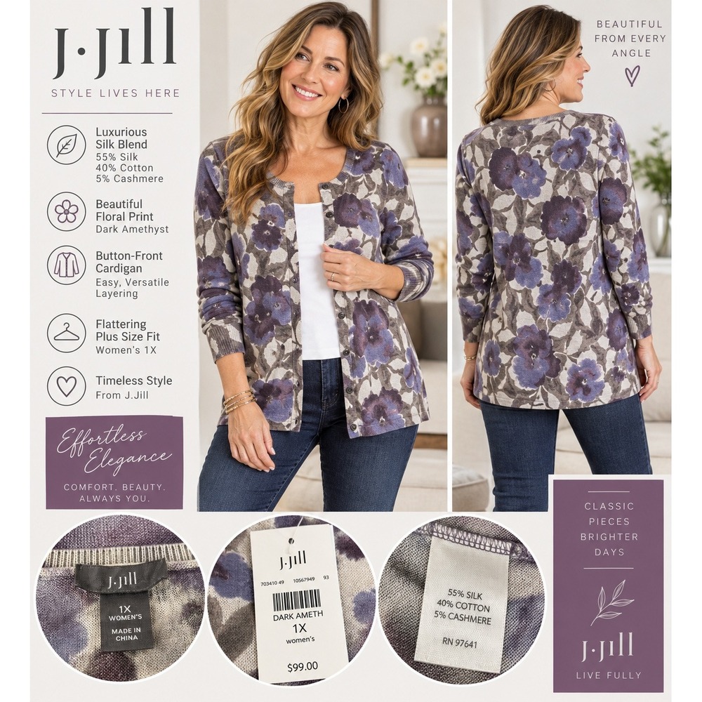 J. Jill Silk Cotton Cashmere Floral Cardigan Dark Amethyst 1X NWT 703410 49
